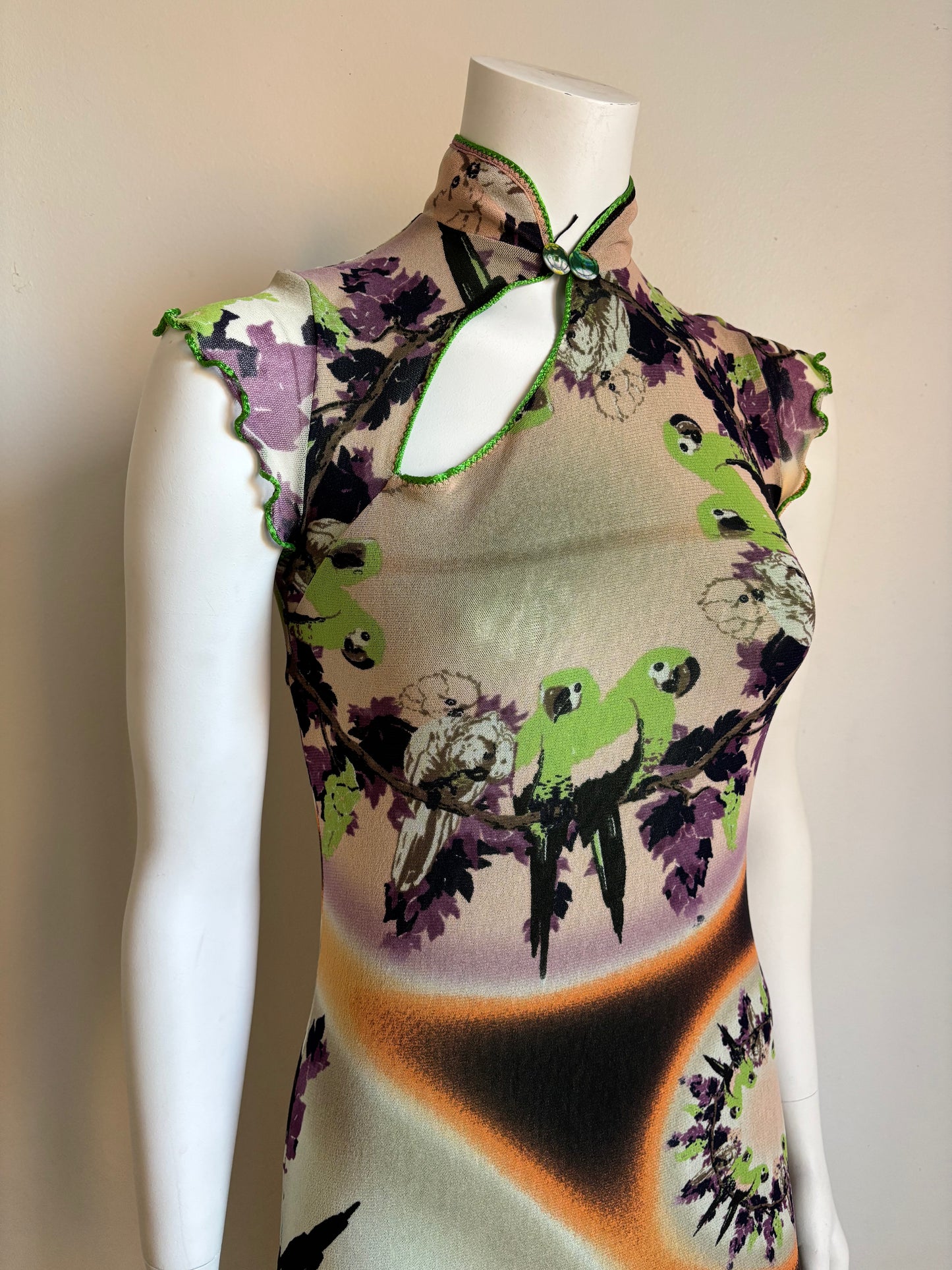 Jean Paul Gaultier Soleil Parrot Print Mesh Midi Dress