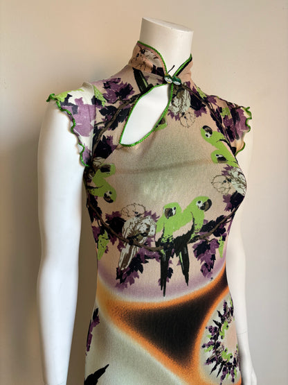 Jean Paul Gaultier Soleil Parrot Print Mesh Midi Dress