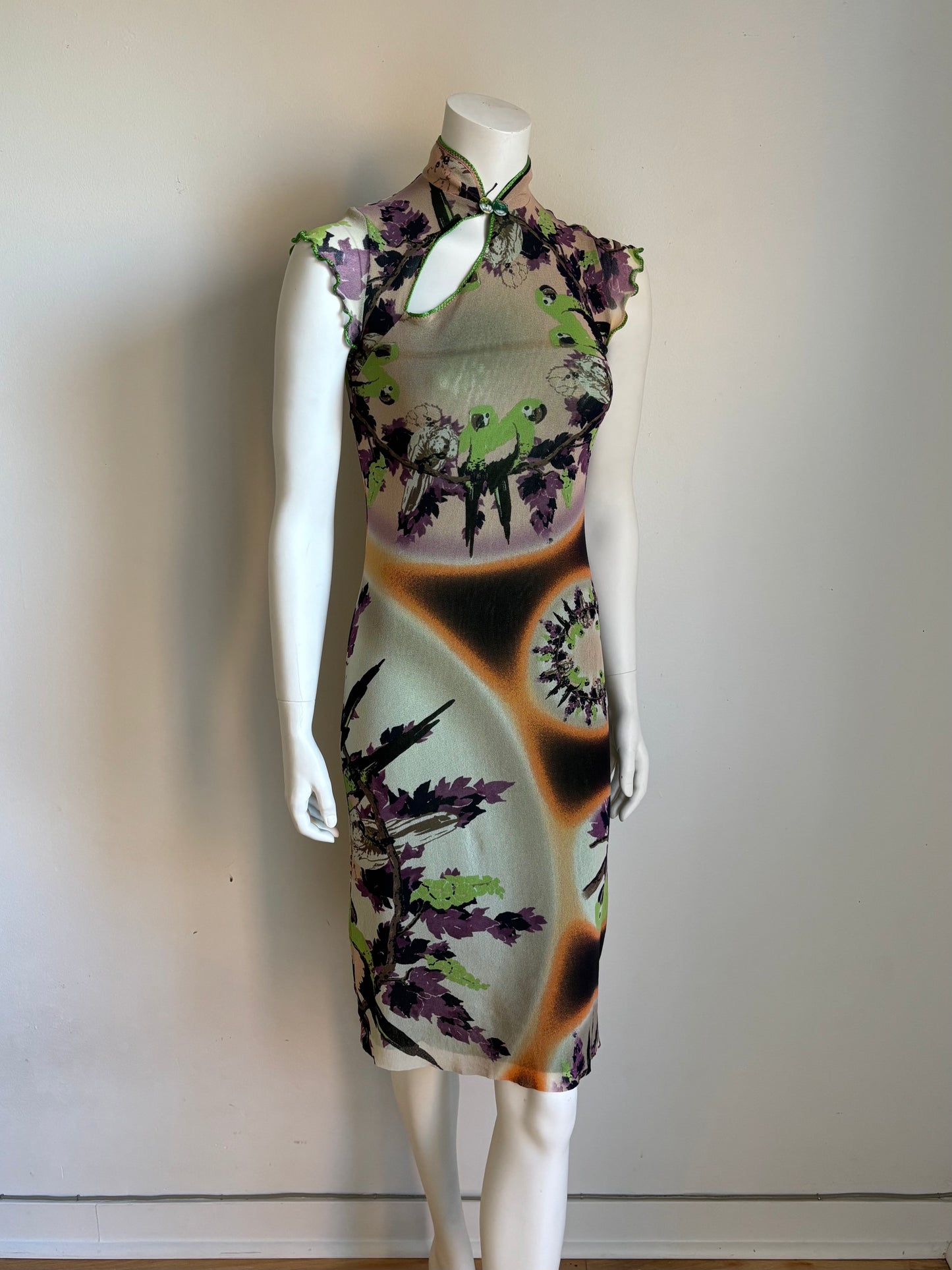 Jean Paul Gaultier Soleil Parrot Print Mesh Midi Dress