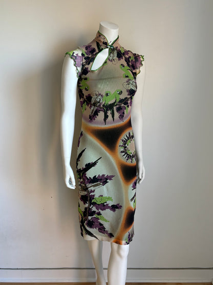 Jean Paul Gaultier Soleil Parrot Print Mesh Midi Dress
