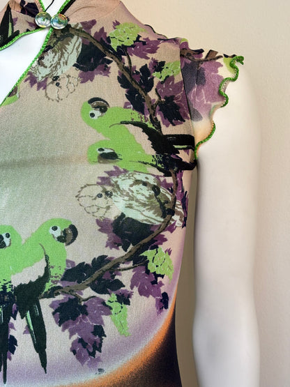 Jean Paul Gaultier Soleil Parrot Print Mesh Midi Dress