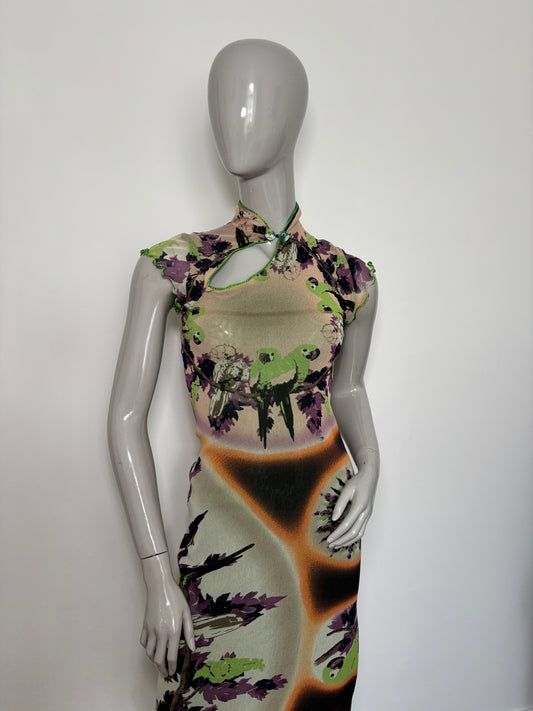 Jean Paul Gaultier Mesh Kimono Geisha Tropical Cheongsam Parrot Dress